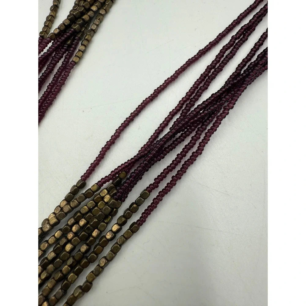 Boho Multi Strand Seed Bead Necklace Ombre Burgundy Terracotta Brass Cube Beads